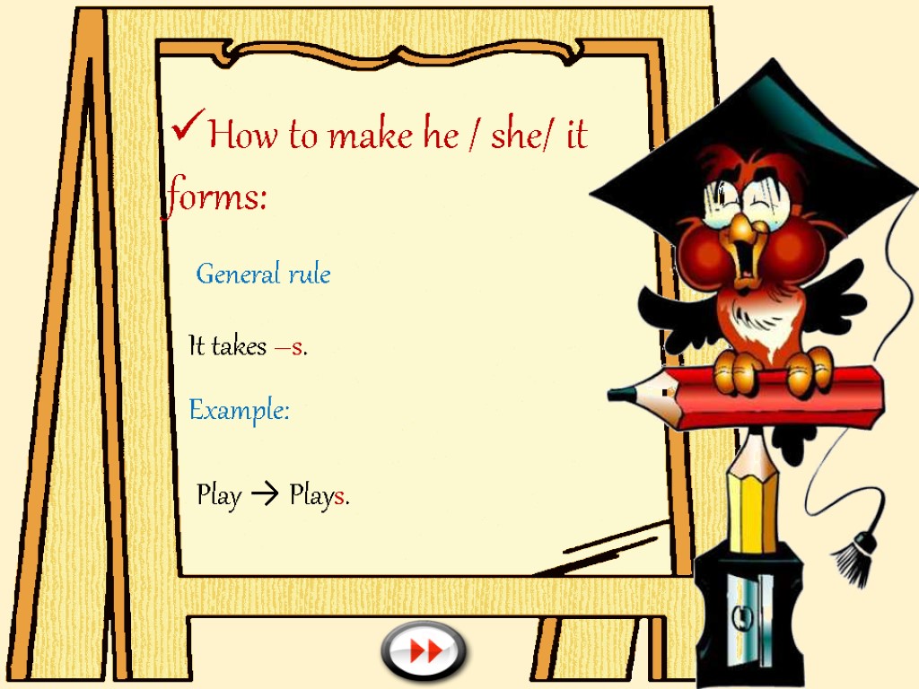 How to make he / she/ it forms: General rule It takes –s. Example: